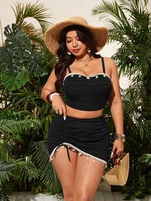 Swim Lushoire 大码女式泳衣，特殊面料贝壳装饰抹胸高腰开衩泳装，复古沙滩度假大码比基尼 - 黑色 - 查看 4