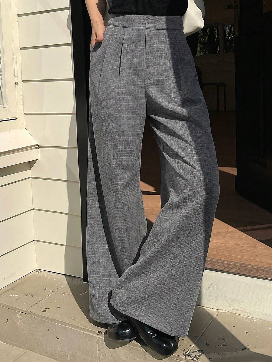 DAZY Quần ống rộng cạp cao màu trơn dành cho nữ - Xám - Xem 1