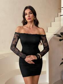 SHEIN Tall 女士性感优雅撞色蕾丝露肩修身迷你连衣裙，适合夜间外出、约会、聚会、秋季婚礼宾客等场合，黑色露肩连衣裙，黑色优雅连衣裙，派对礼服 - 黑色 - 查看 9