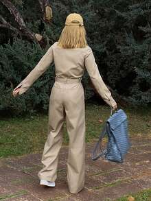 Livesso Women's Casual Denim Jumpsuit With Collar, Tie Waist - Beige - View 2