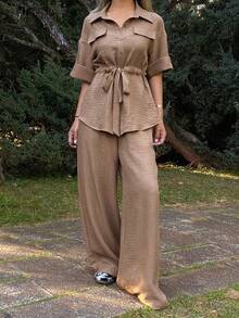Livesso 2pcs Women Casual Collared Tie-Waist Top And Pants Set - Khaki - View 6