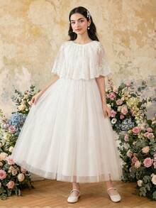 White Flared Mesh A-Line Long Dress For Tween Girls Elegant Round Neck Special Occasion Dress With Flounce Sleeves White Elegant Dress Ivory Tween Dress White Dress For Girls Ivory Dress For Girls White Modest Dress For Tweens - White - View 7