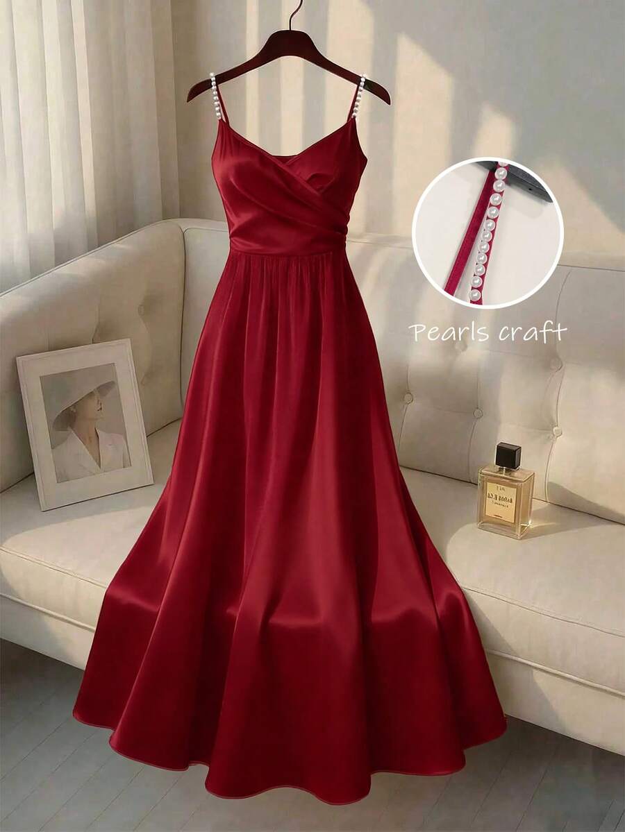 Franclia 女士褶裥钻石装饰喇叭连衣裙，性感派对礼服，节日装扮，红色连衣裙，新年节日礼服 - 紅色 - 查看 1