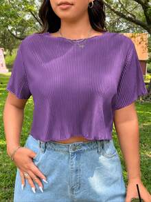 SHEIN EZwear Plus Size Solid Color Round Neck Short Sleeve Ribbed Loose Cropped T-Shirt - Purple - View 1