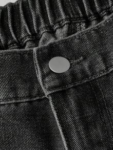 SHEIN MOD 大码女式宽松口袋喇叭裤休闲百搭牛仔裤 - 黑色 - 查看 3