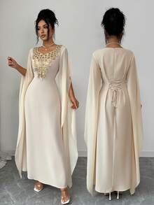 Elenzga Đầm nữ dáng chuẩn thanh lịch với cổ áo hoa và thiết kế thắt nơ sau lưng. - Màu be - Xem 3