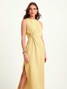 CAJUNI Đầm nữ màu trơn, thiết kế xoắn eo, xếp ly, khoét lỗ, thời trang cho các buổi hẹn hò. - Vàng nhạt - Xem 10