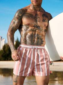 Manfinity Swimmode Men's Casual Striped Print Drawstring Beach Shorts - Multicolor - View 4