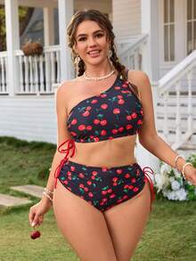 Swim Mod 2026新款加大码女式夏季沙滩度假樱桃印花泳衣上装，甜美性感抽绳收腰不对称肩带设计，甜美可爱加大码泳衣上装 - 黑色 - 查看 5