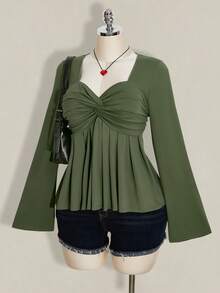 SHEIN ICON 大码女式黑色胸前扭结针织上衣，娃娃衫针织上衣，Y2K风格服装，毕业季返校季秋季服装，可爱女式上衣，娃娃衫 - 軍綠色 - 查看 4