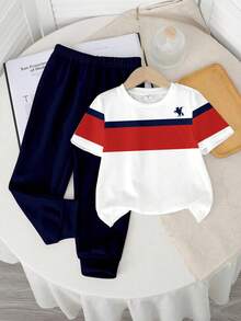 Baby Boys' Casual Striped Pattern Round Neck Short Sleeve Top And Pants Set - Multicolor - View 2