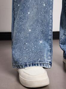 SHEIN Tall Summer And Spring Women's Casual Loose Fit Straight Leg Jeans Sparkling Rhinestone Design Fashion Party Valentine's Day Comfortable Blue Washed Straight-Leg Jeans - Medium Wash - View 6