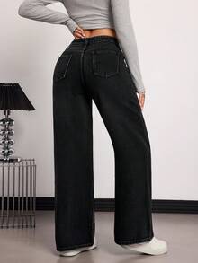 SHEIN Tall 春夏女士派对嘉年华情人节时尚闪亮水钻设计中腰直筒宽松休闲亮面牛仔裤 - 黑色 - 查看 2