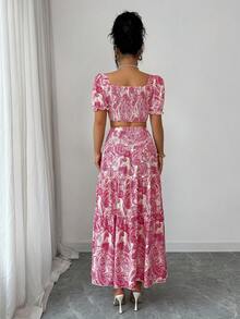 SHEIN Elenzya Women's Elegant Vintage Retro Print Square Collar Cropped Top Paired With High Waist A-Line Patchwork Skirt, Spring/Summer - Pink - View 2