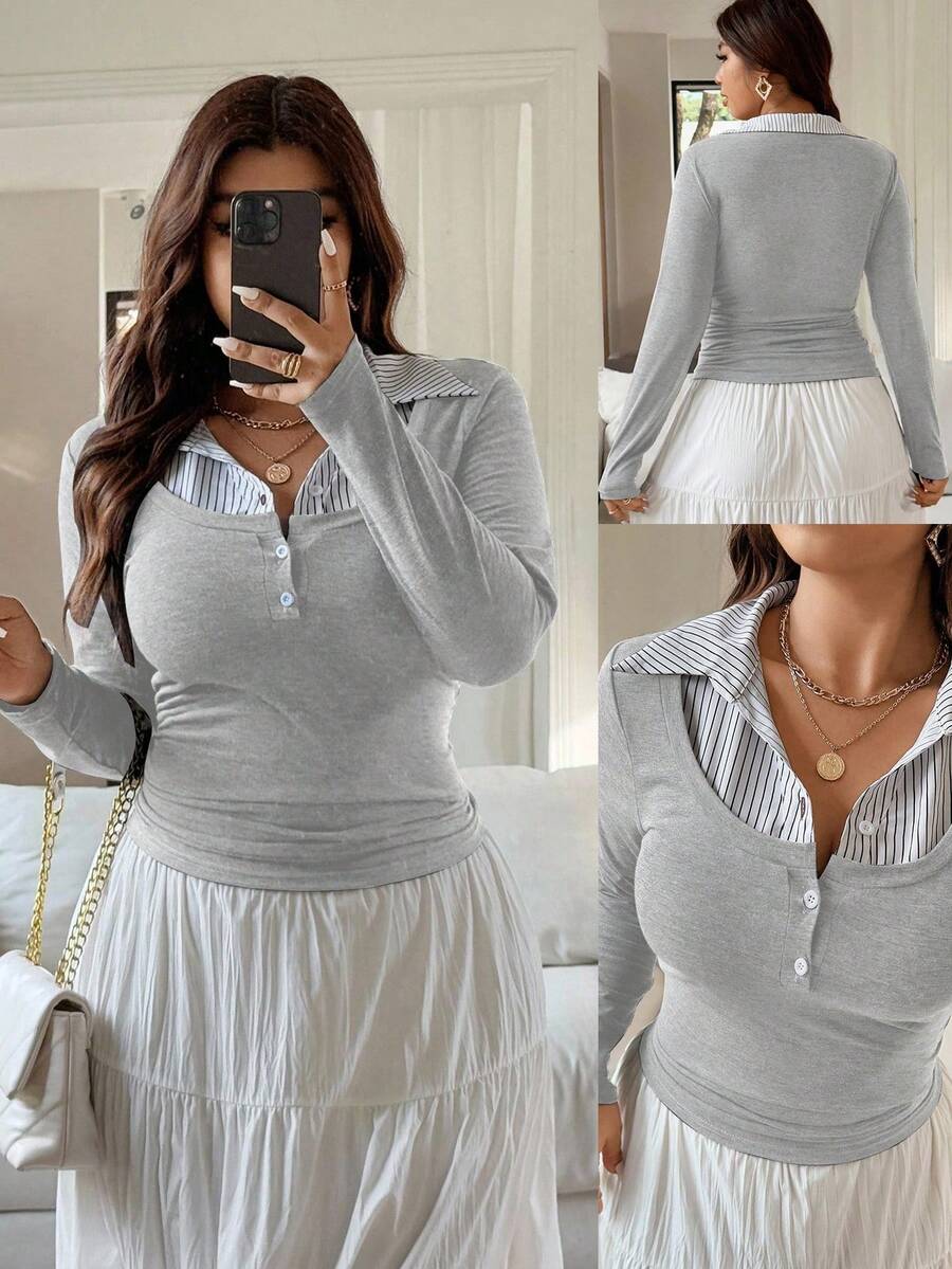 Vionelle Plus Size Women French Style Casual Patchwork Long Sleeve T-Shirt Cute Long Sleeve Top Women Long Sleeve Tops Light Grey Top Gray Tops Grey 2 Piece Set Gray Long Sleeve Top Summer Long Sleeve Tops - Light Grey - View 1