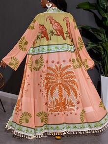 SHEIN CURVE+ Plus Size Women's Fully Printed Fringe Decoration Casual Vacation Long Sleeved Cover, Women's Summer Outfit, Women's Beach Outfit, Floral, Transparent, Holiday Outfit, Women's Beach Outfit, Dress Up, Ladies, Sarong, Elegant Set, Ladies' Palm Tree, Christmas, New Year, Thanksgiving Outfit - Multicolor - View 2