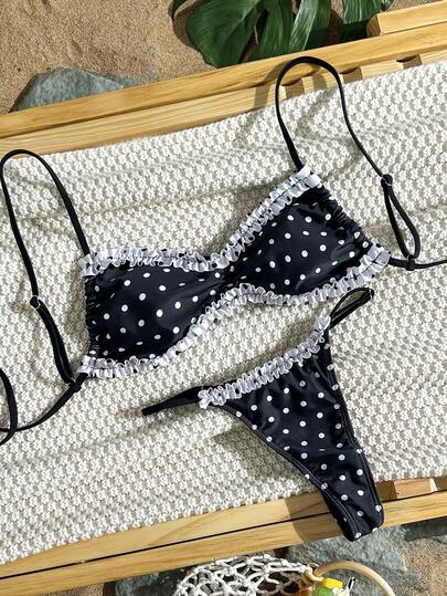 Swim Mod Women's 2pcs Polka Dot Print Bikini Set, Sexy Sweet Romantic Beach Party Swimsuit For Spring/Summer