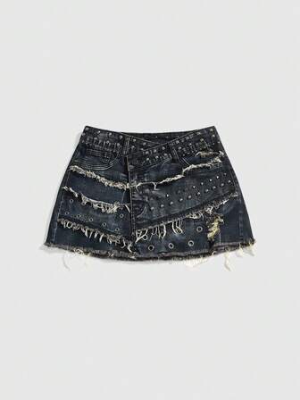 J-Fashion Minigonna di jeans aderente in stile Y2K vintage, con decorazioni in perle, strappata e decorata con borchie