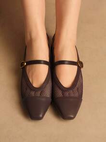 Rosivie 女士方头平底咖啡色网面透气软底玛丽珍鞋，优雅法式休闲通勤鞋 - 咖啡棕 - 查看 6