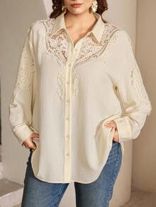 Roveilla 女士优雅法式休闲/通勤/度假浪漫高端下午茶衬衫，蕾丝领，胸前镂空，刺绣袖子，亚麻质感面料，长袖 - 杏色 - 查看 1