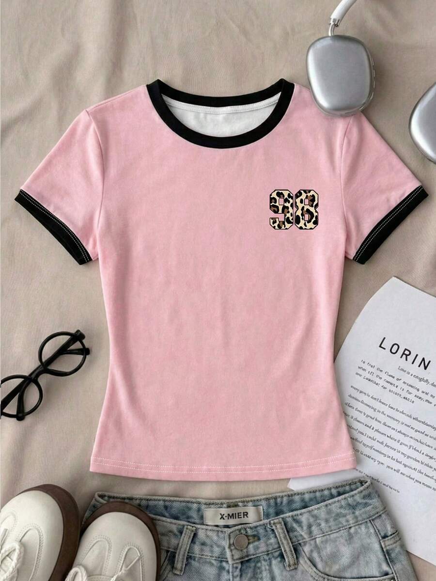 少女休闲简约修身圆领短袖高腰露脐常规T恤，适合夏季穿着 - 彩色 - 查看 1