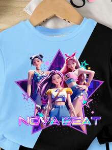 Bộ 2 món thời trang thường ngày dành cho bé gái, họa tiết hoạt hình K-POP, áo thun ngắn tay cổ tròn và quần short, áo thun phối màu tương phản, thoải mái cho mặc hàng ngày, đi nghỉ mát, mùa xuân/hè. - Nhiều màu - Xem 5