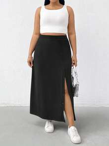 SHEIN Essnce 大码女装春夏时尚休闲弹力舒适日常百搭显瘦开衩黑色长裙，女装下装，春季简约风格黑色高开衩纽扣细节长裙，适合春季穿着 - 黑色 - 查看 6