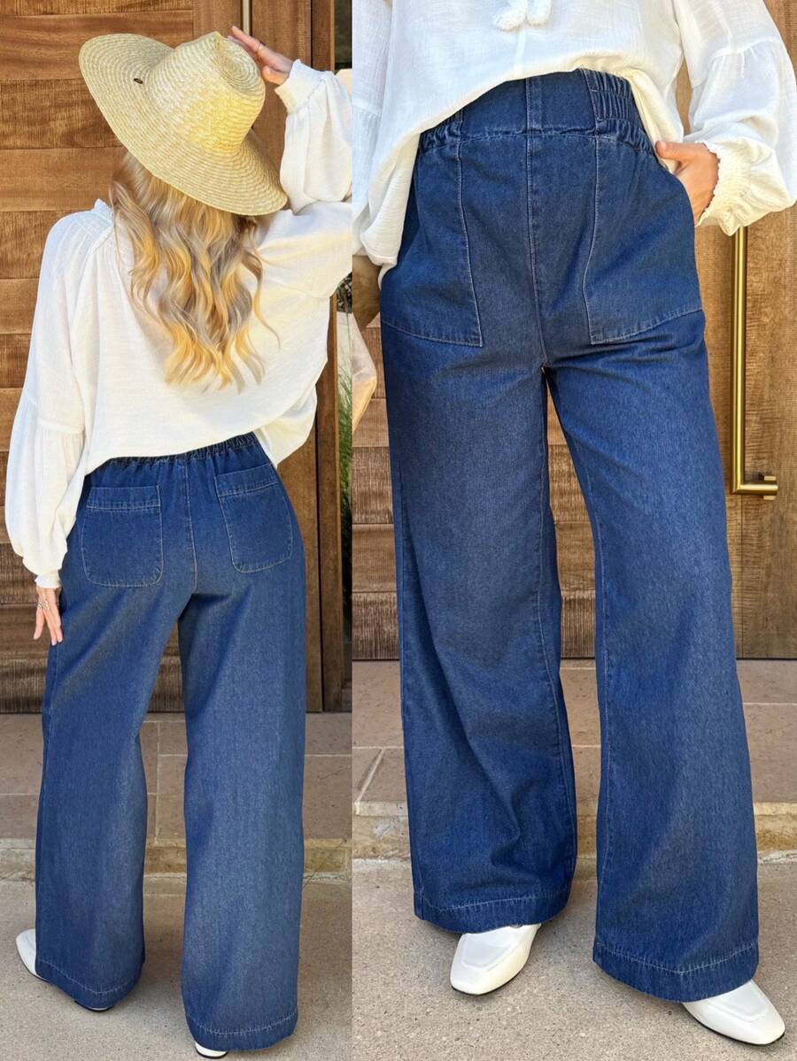 SHEIN Pregnant Women's Casual Everyday Loose Fit Pocket Denim Wide Leg Pants Spring To Summer Valentine's Day Carnival Costume Commuting Vacation Graduation Chic Y2k Cute Streetwear Party Wedding Elegant Business Casual Woman Women Wide Leg Jeans Pull On Elastic Waist Denim Pants With Pockets - Blue - View 1