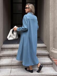 SHEIN 孕妇休闲水洗前扣牛仔连衣裙 情人节度假穿搭 女装 嘉年华 夏季春季 通勤 毕业季 时尚 Y2K 可爱 街头风 派对 婚礼 优雅 商务休闲 女装 - 藍色 - 查看 2