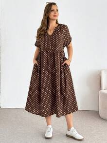 SHEIN Essnce 大码女装春夏时尚休闲宽松舒适日常显瘦棕色波点短袖中长连衣裙，带口袋，夏季服装，度假装扮 - 棕色 - 查看 3