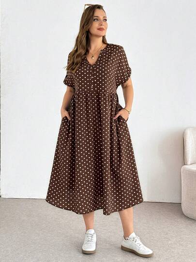 Shapeblank 大码女装春夏时尚休闲宽松舒适日常显瘦棕色波点短袖中长连衣裙，带口袋，夏季服装，度假装扮