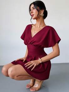 Firerie 女士优雅休闲简约通勤日常办公仿亚麻纯色收腰A字连衣裙 - 紅色 - 查看 6