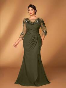Serin Đầm dáng đuôi cá thanh lịch màu xám hồng dành cho nữ, chất liệu chiffon, cổ tròn, tay dài, xếp ly, đính sequin, thích hợp cho mẹ cô dâu/chú rể trong các đám cưới, sự kiện trang trọng, tiệc tùng. - Màu xanh Ô liu - Xem 6