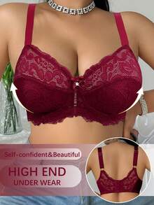 DesireSculpt 1pc Plus Size Lace Underwire Bra - Burgundy - View 3