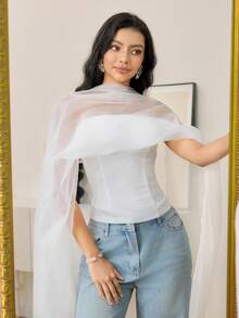 Modelyn 女士优雅纯色网纱披肩上衣 - 白色 - 查看 1