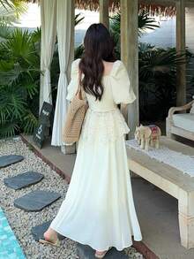 DAZY Women's V-Neck Lace Puff Sleeve Korean Style Lace Ruffle Hem Chiffon Mini Skirt Elegant 2-Piece Set - Apricot - View 2