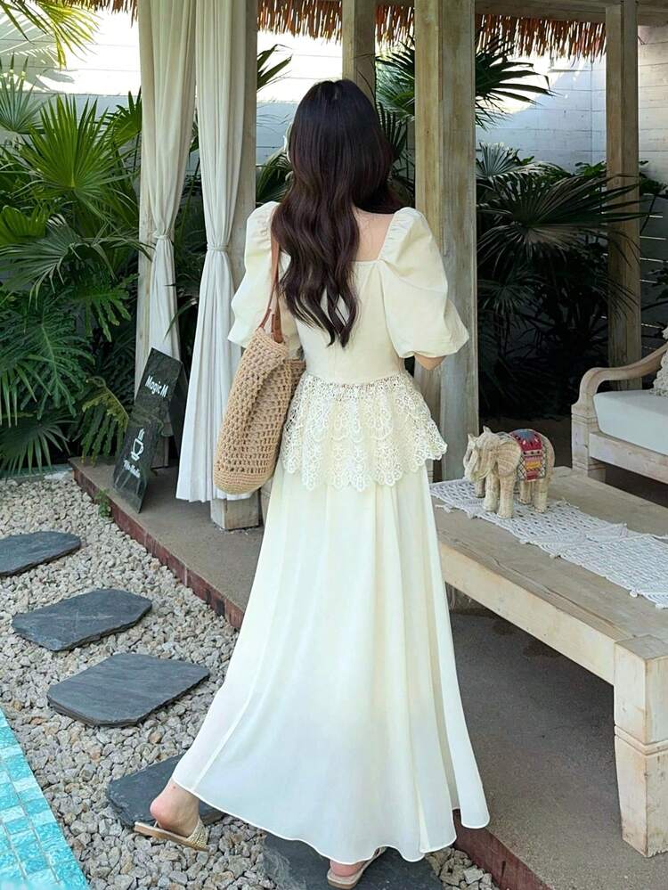 Women's V-Neck Lace Puff Sleeve Korean Style Lace Ruffle Hem Chiffon Skirt Elegant 2-Piece Set