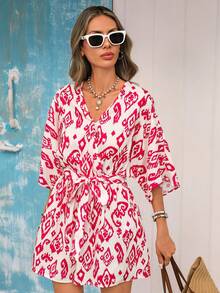 Vivid Eden 女士V领交叉腰带系带荷叶边纹理面料休闲度假连体衣 - 粉色 - 查看 6