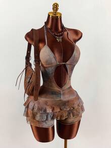 Amplova Women's Tie-Dye Print Halter Neck Jumpsuit, Sexy & Avant-Garde For Vacation, Retro & Cute With Ruffle Hem - Multicolor - View 6