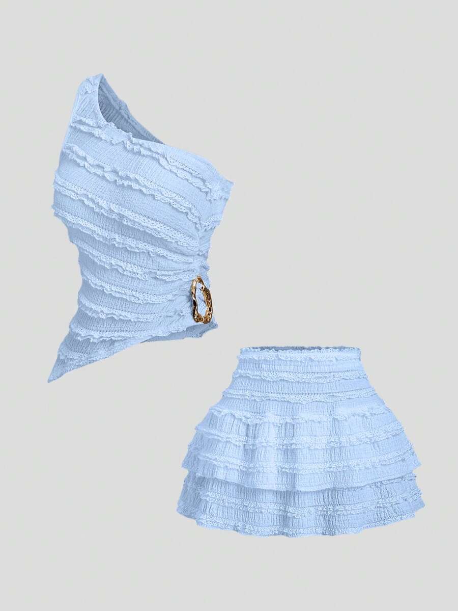 Sweetra Sexy Outfit - Asymmetrical Shoulder Top + Peplum Mini Skirt - Blue - View 1