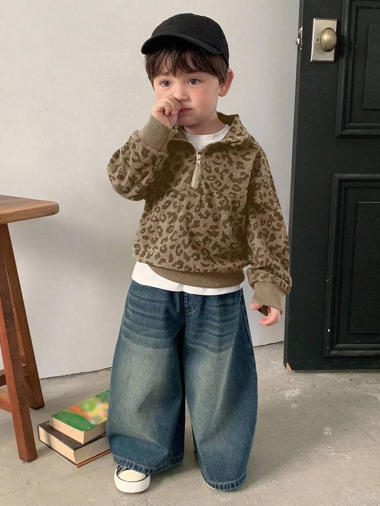 Toddler Boys' Korean Style Leopard Print Lapel Loose Long Sleeve Top