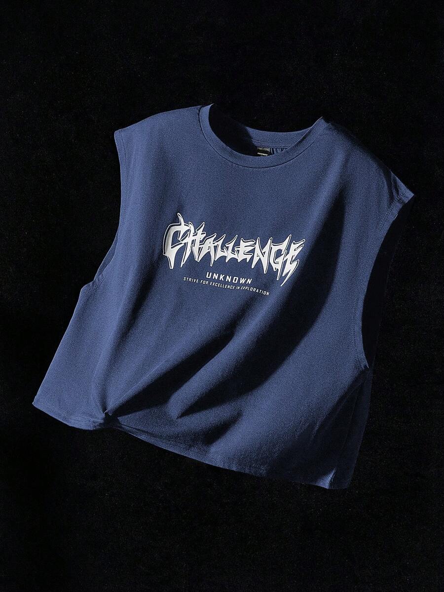 NEON BLANC Loose Fit Men's Slogan Graphic Batwing Sleeve T-Shirt Streetwear Top Graphic Sleeveless Shirt Street Wear Tops - Blue - View 1