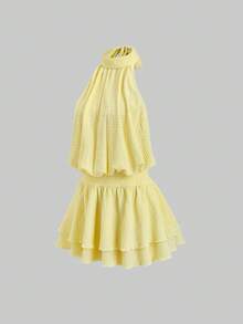 Sweetra 女士纹理针织露背吊带系带浪漫优雅度假连衣裙，春秋季 - 黃色 - 查看 3