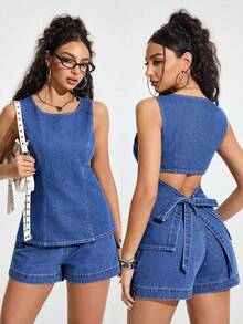 Jeanoix Women's Round Neck Backless Twist Denim Sleeveless Top - Blue - View 1