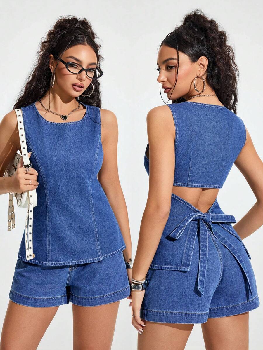 Jeanoix Women's Round Neck Backless Twist Denim Sleeveless Top - Blue - View 1