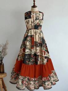 Sunspun 复古花卉拼接印花休闲优雅宽松裤，夏季女装 - 彩色 - 查看 2