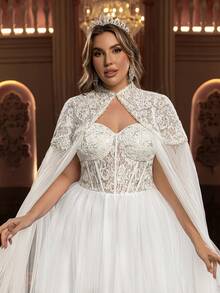 Glamrae Plus Size Elegant Luxurious Romantic White Beaded Embroidery Mesh Splice Chinese Collar Design Flowing Maxi Skirt Wedding Bridal Gown Plus Size Bridal Dress Dress With Cape Bridal Cape Dress White Gown With Cape Plus Size White Dress White Gown For Women Plus Size Fairy Dress - White - View 6