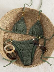 Swim Chiccia Bộ bikini nữ màu xanh quân đội, chất liệu lưới jacquard dệt kim, phụ kiện kim loại, dây đeo chéo và thắt nút phía sau, thích hợp cho bãi biển, lễ hội âm nhạc mùa xuân/hè. - xanh quân đội - Xem 3