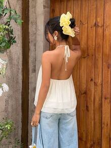 MainGRL Top halter de doble capa con decoración de cuentas, color amarillo vibrante, ideal para vacaciones casuales, verano, primavera y playa para mujeres, top casual para salir, vacaciones para mujeres - Amarillo claro - Ver 2