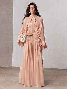 ZEYLAH 2pcs Romantic Ruffle Trim Camisole Maxi Dress, Spring - Coral Pink - View 4